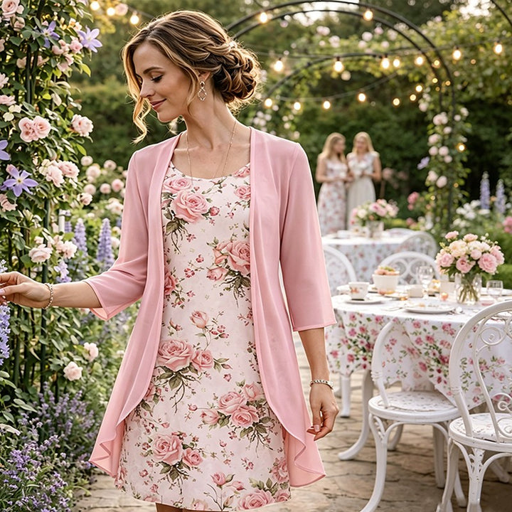 Marieke | Jurk met bloemenprint en effen vest