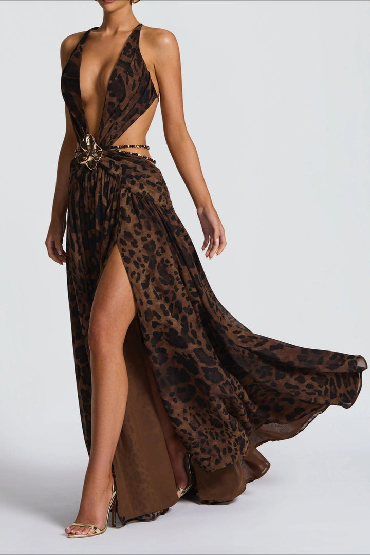 Yara | Vestido maxi drapeado com detalhe metálico