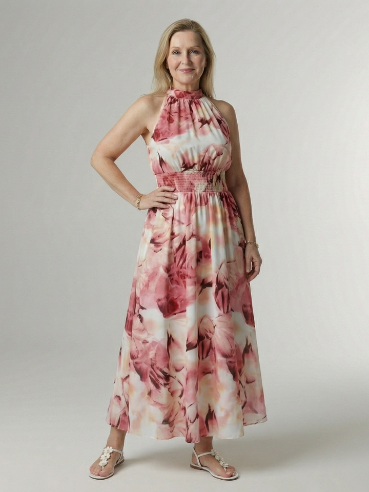 Cato | Robe midi dos nu à taille smockée