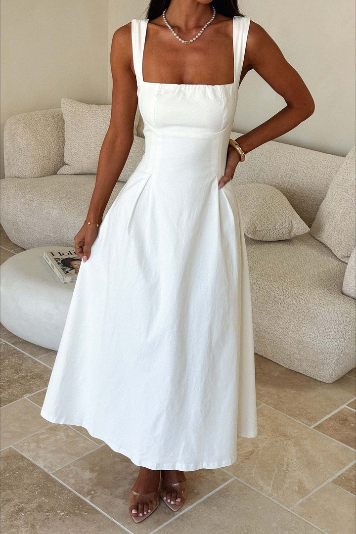 Renske | Vestido midi cintado com decote quadrado