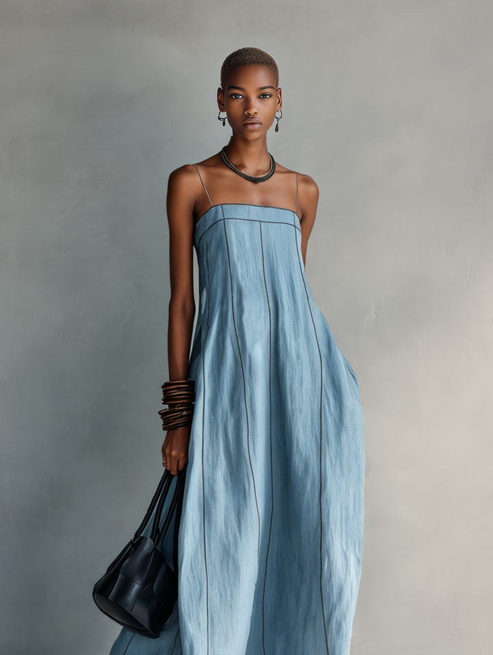 Geertje | Vestido maxi de mistura de linho com pespontos