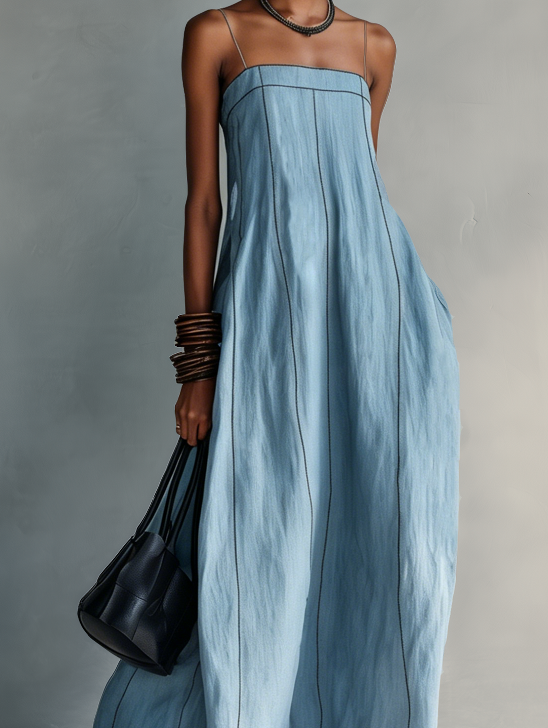 Geertje | Vestido maxi de mistura de linho com pespontos