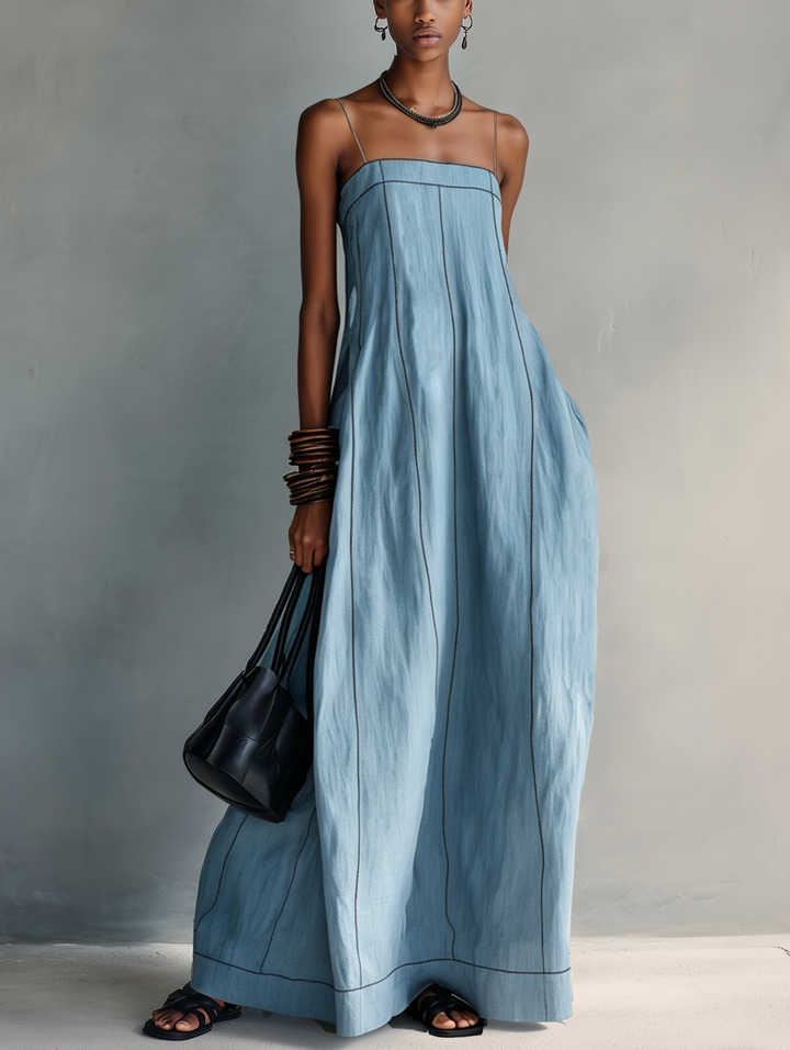 Geertje | Vestido maxi de mistura de linho com pespontos