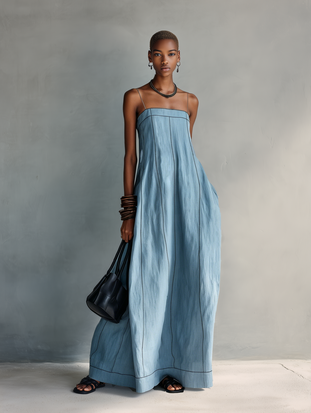 Geertje | Vestido maxi de mistura de linho com pespontos