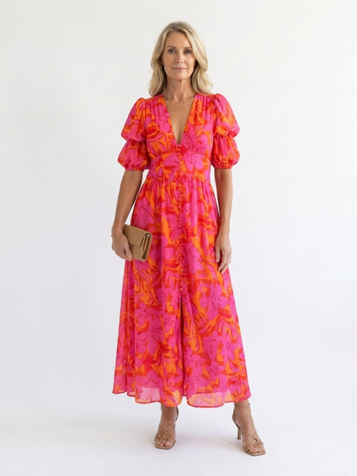 Fardau | Robe midi fleurie à manches bouffantes