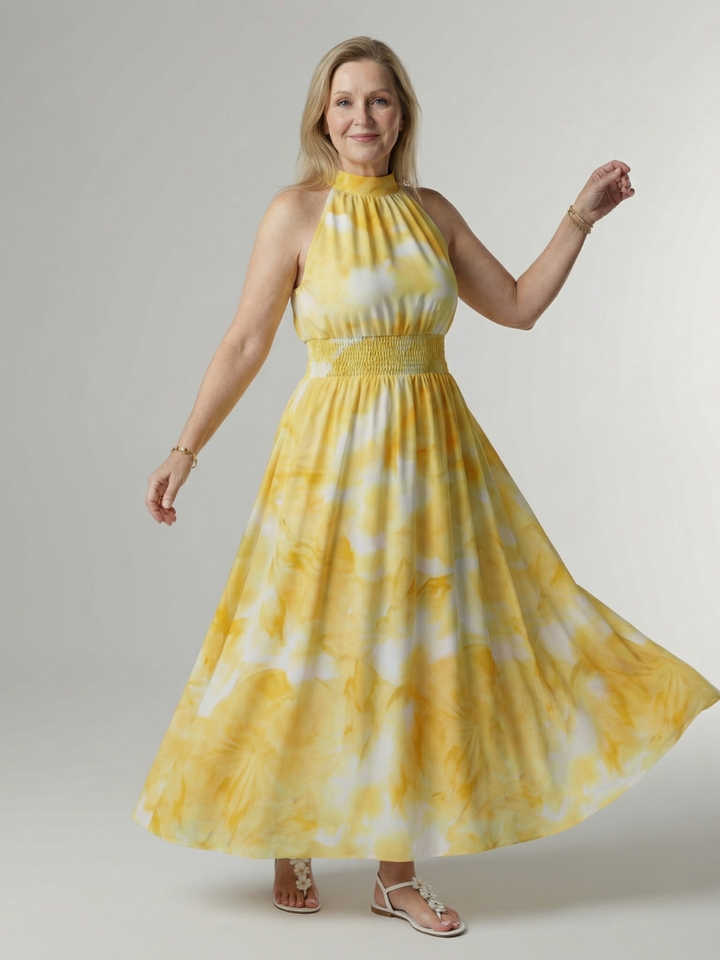 Cato | Robe midi dos nu à taille smockée