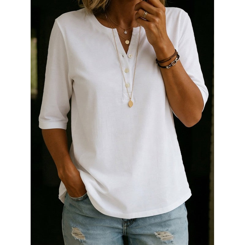 Pauline | Henley-top met 3/4-mouwen en henley-kraag