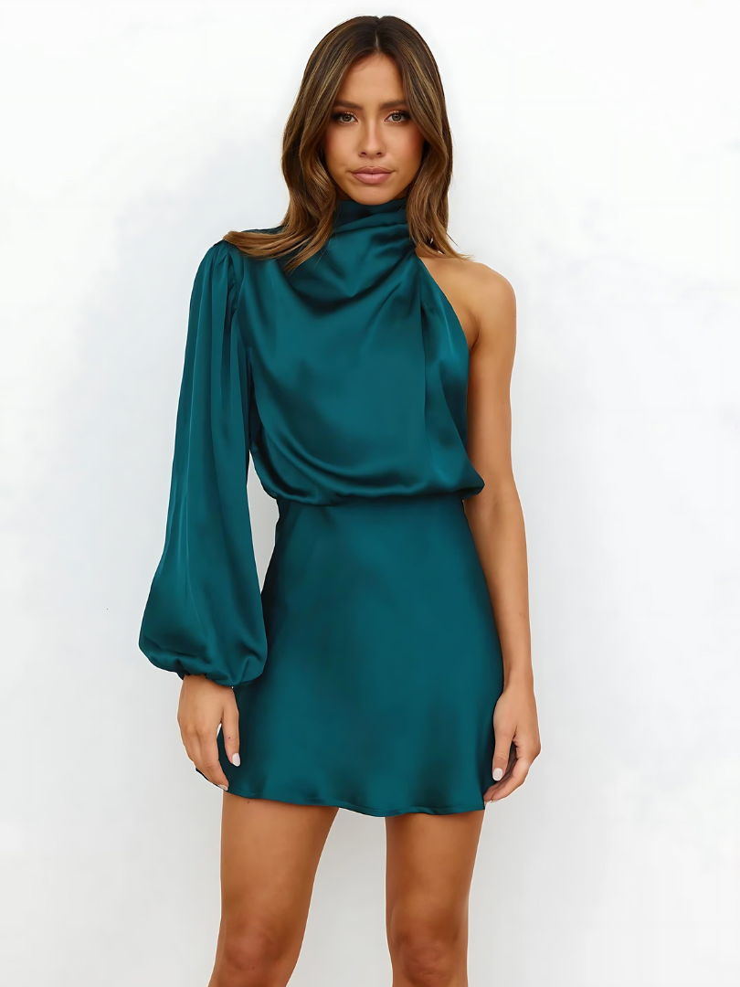 Ineke | Mini-robe satinée asymétrique à une épaule