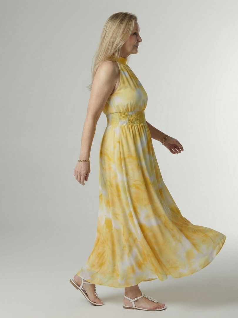 Cato | Robe midi dos nu à taille smockée