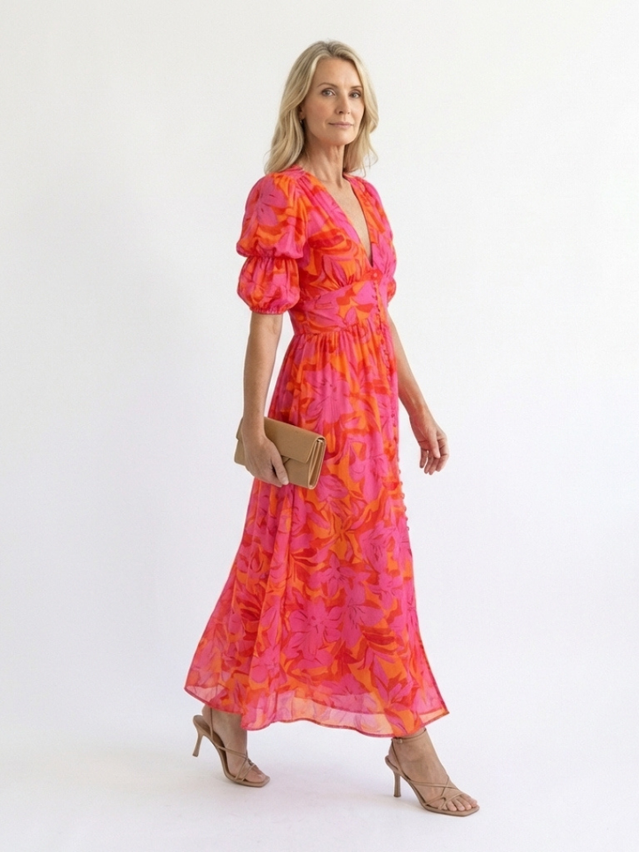 Fardau | Robe midi fleurie à manches bouffantes