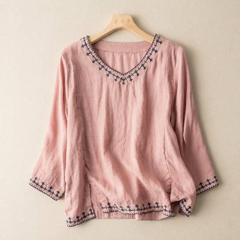 Dames Blouse | Relaxed V-hals met borduursel