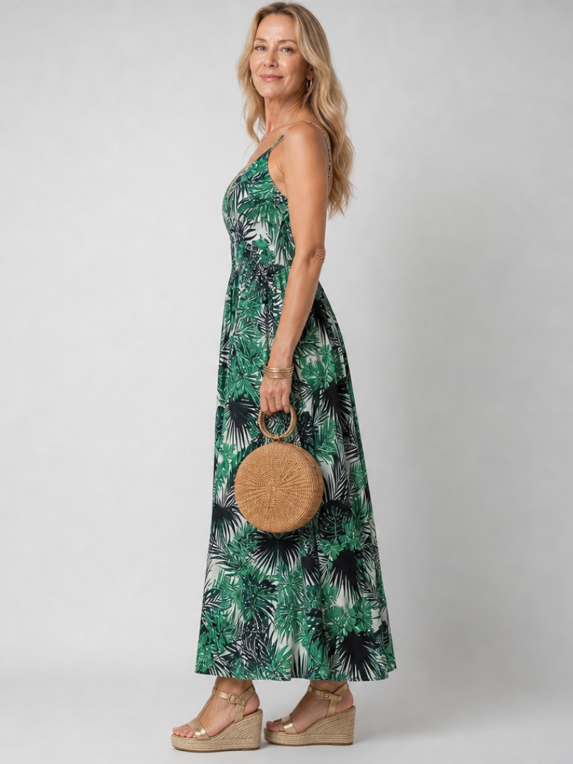 Klaasje | Robe midi tropicale à col V
