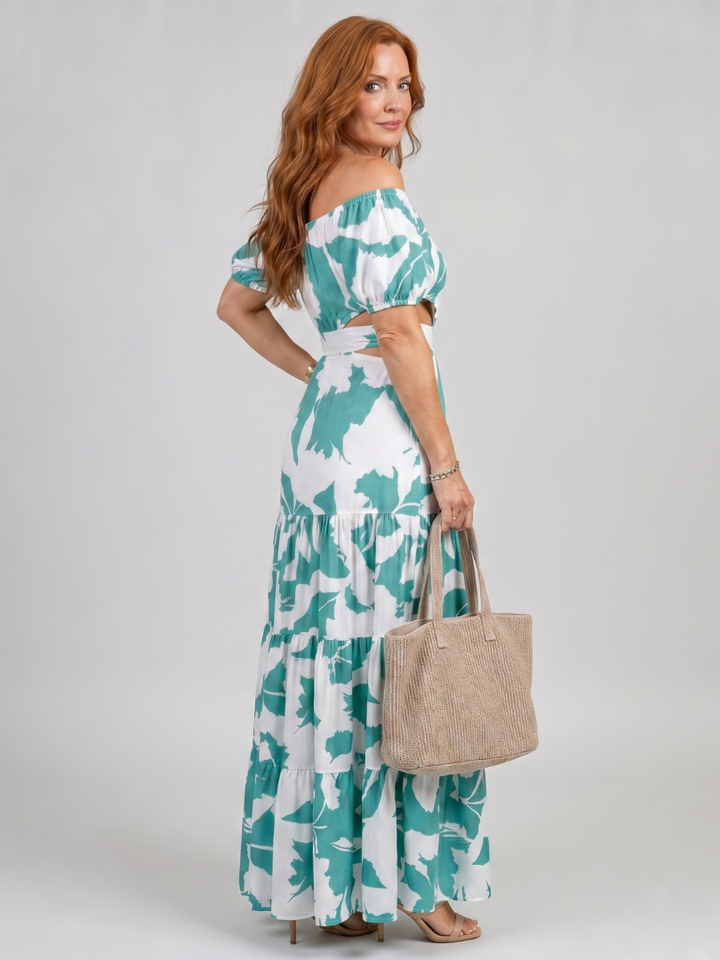 Zita | Vestido maxi com decote de ombro a ombro e recortes
