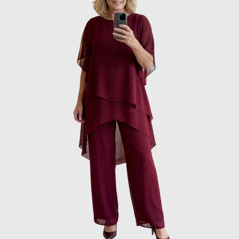 Chiara | Gedrapeerd asymmetrisch topje met wijdpijpbroek