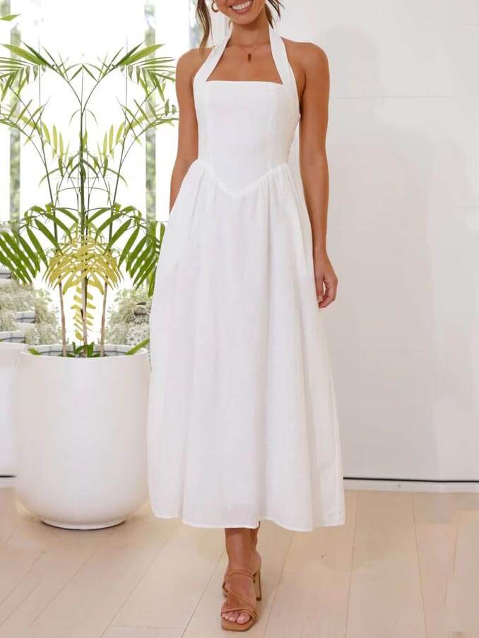 Olga | Vestido midi de gola halter com bolsos laterais