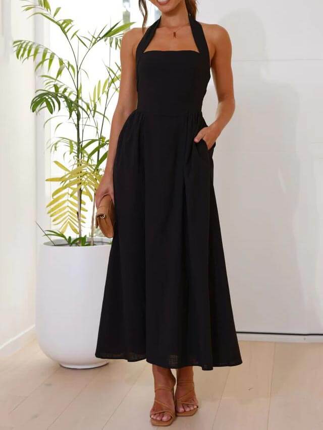 Olga | Vestido midi de gola halter com bolsos laterais