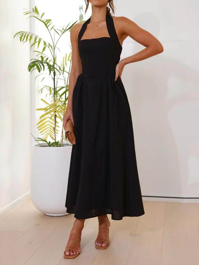 Olga | Vestido midi de gola halter com bolsos laterais