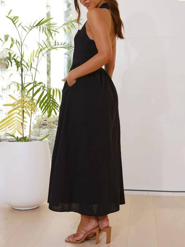 Olga | Vestido midi de gola halter com bolsos laterais