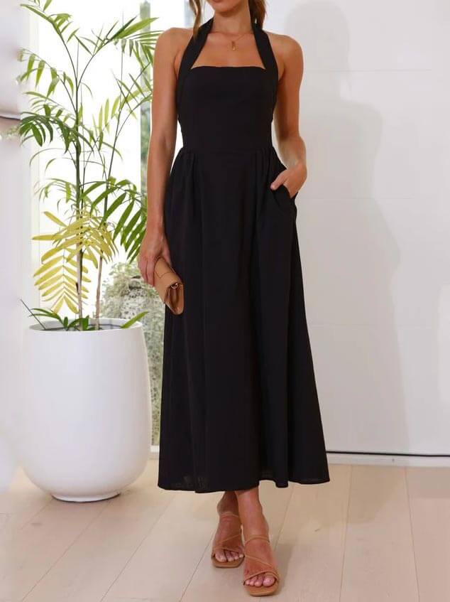 Olga | Vestido midi de gola halter com bolsos laterais