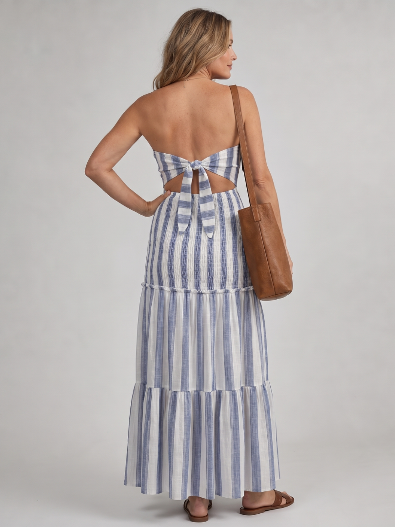 Ingrid | Vestido midi às riscas sem alças