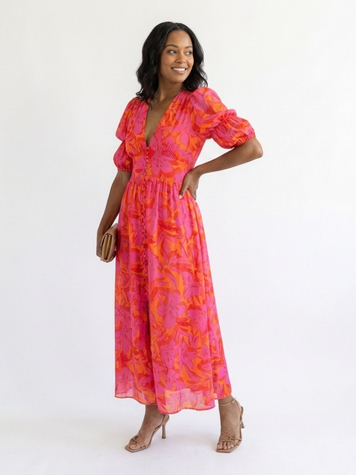 Fardau | Robe midi fleurie à manches bouffantes