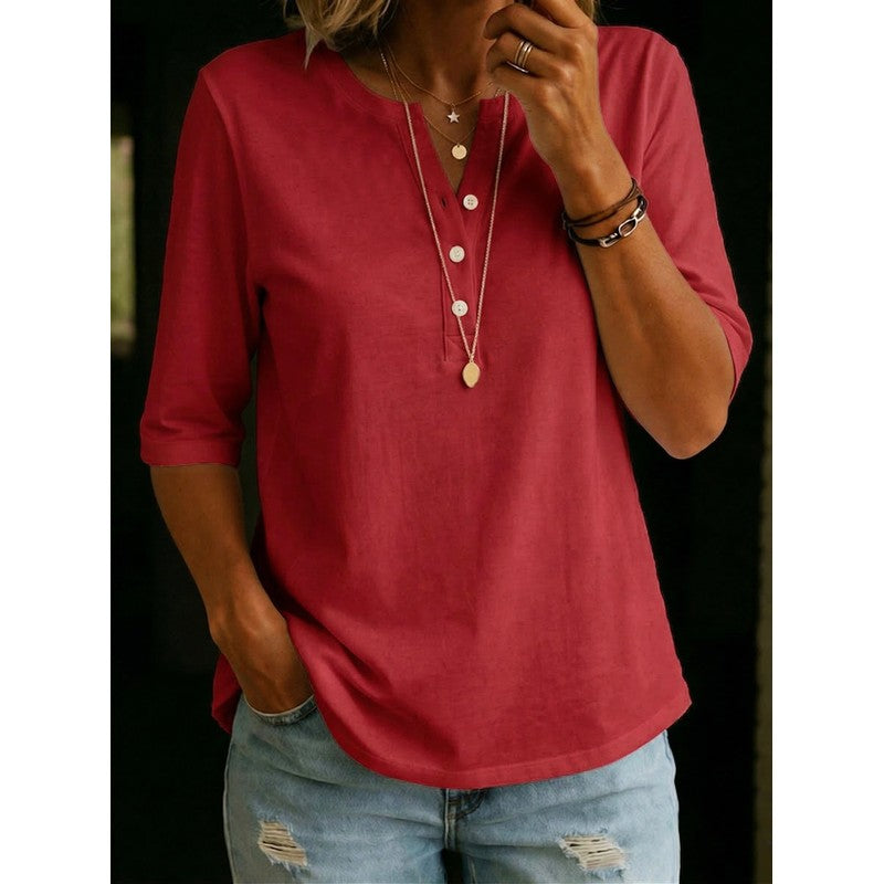 Pauline | Henley-top met 3/4-mouwen en henley-kraag