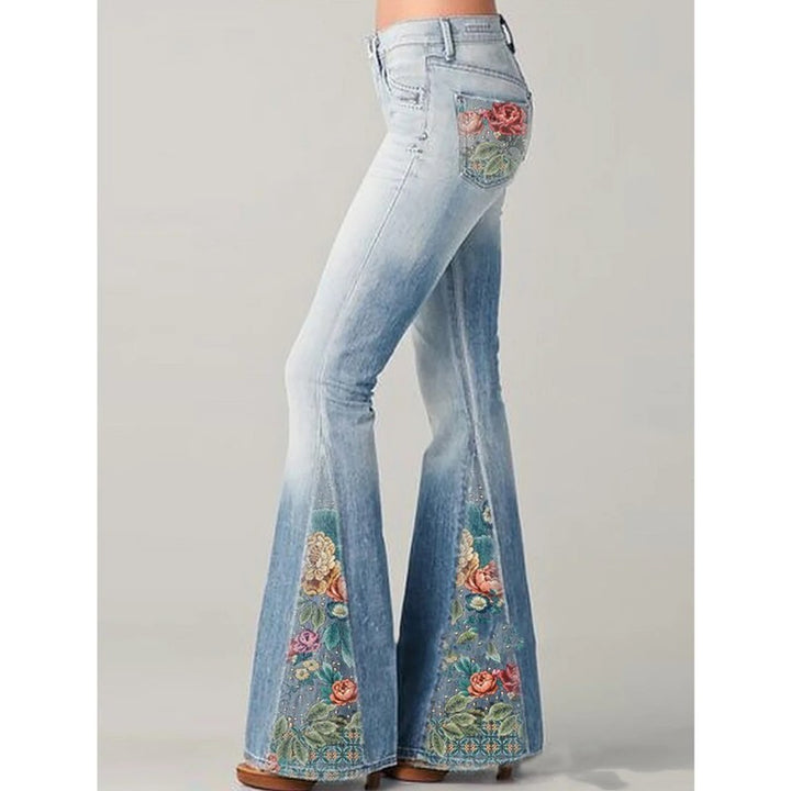 Egle | Retro-jeans met wijde pijpen en bloemmotief