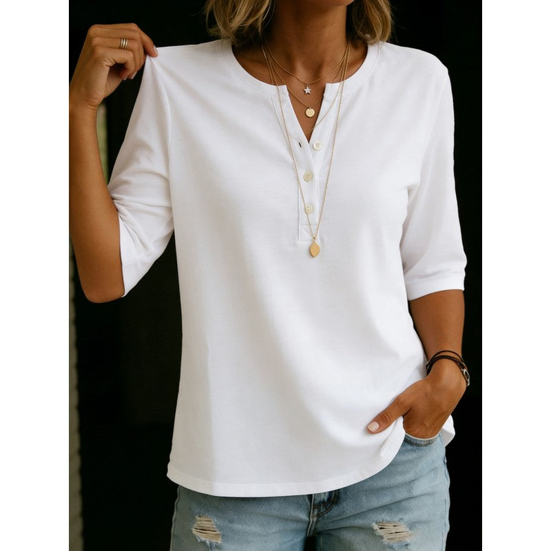 Pauline | Henley-top met 3/4-mouwen en henley-kraag