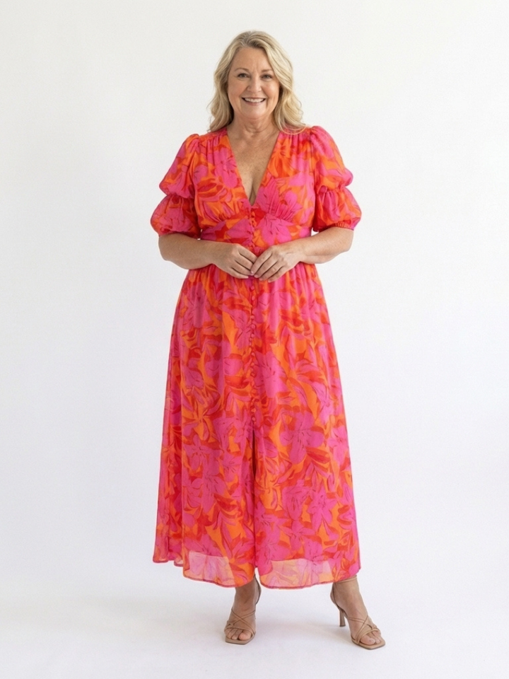 Fardau | Robe midi fleurie à manches bouffantes