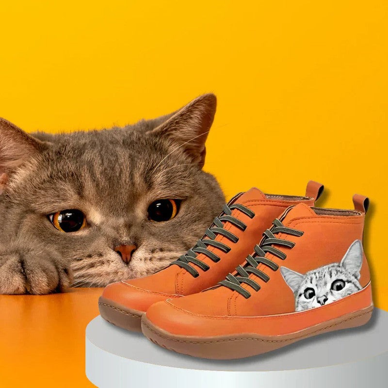 Rosa | Kunstzinnige Kattenprint Enkellaarzen