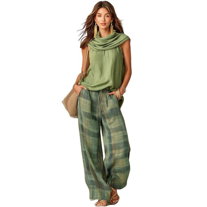 Auristela | Gedrapeerde top en plaid broek set