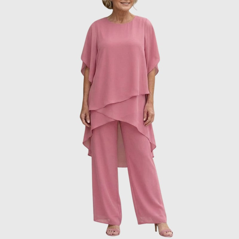 Chiara | Gedrapeerd asymmetrisch topje met wijdpijpbroek