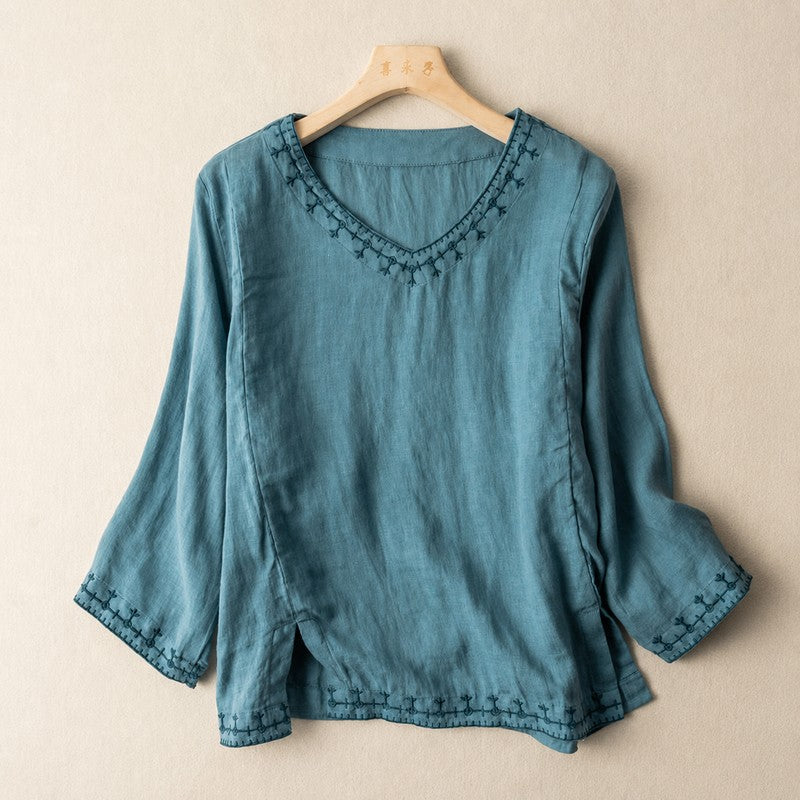 Dames Blouse | Relaxed V-hals met borduursel