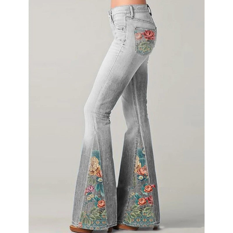 Egle | Retro-jeans met wijde pijpen en bloemmotief