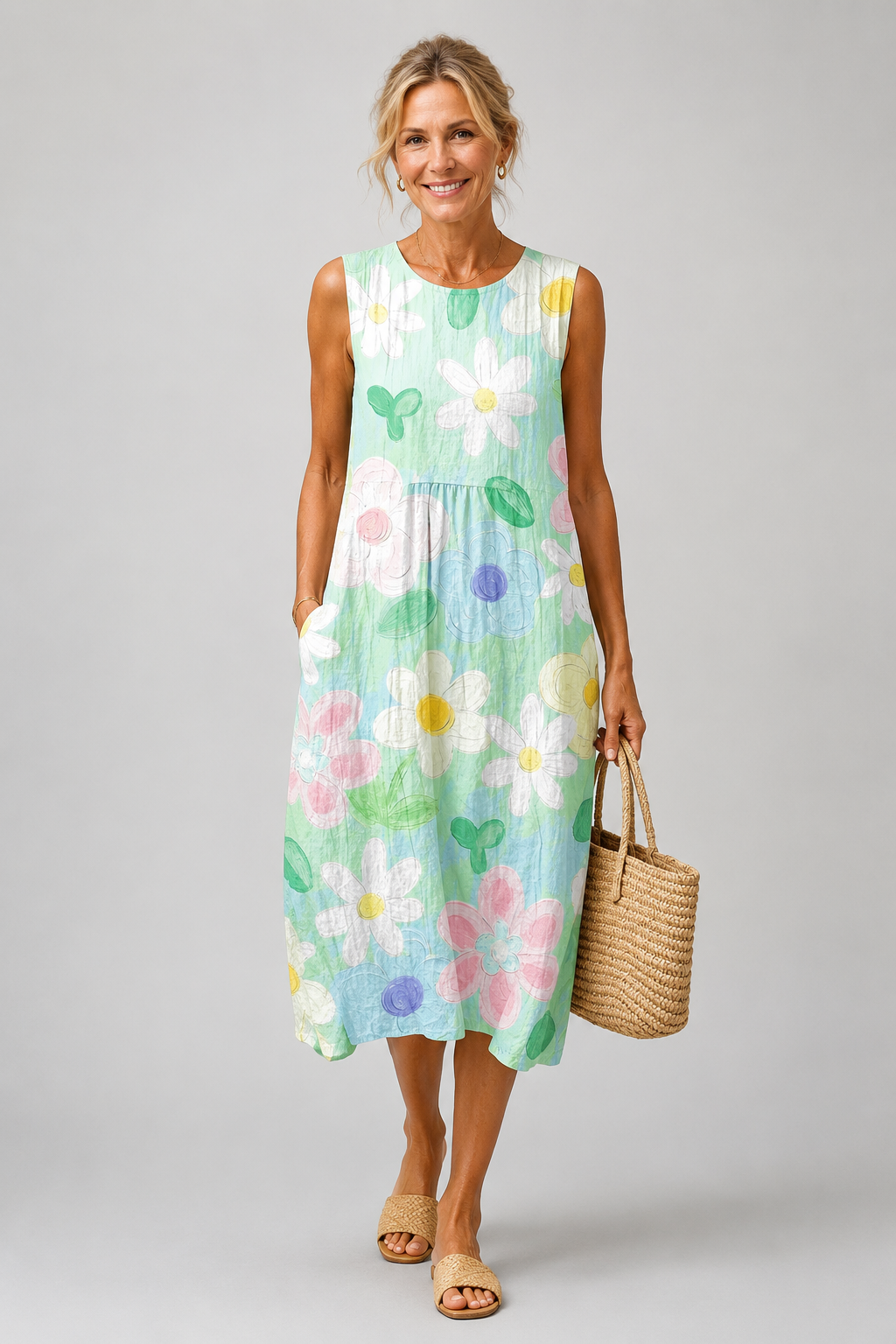 Isa | Luftiges pastellfarbenes Blumen-Midikleid