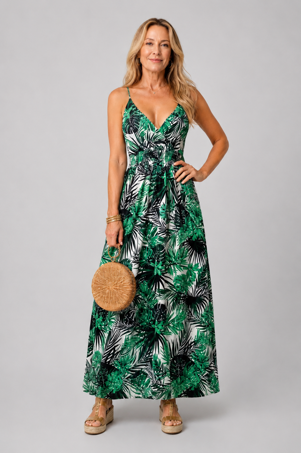 Klaasje | Robe midi tropicale à col V