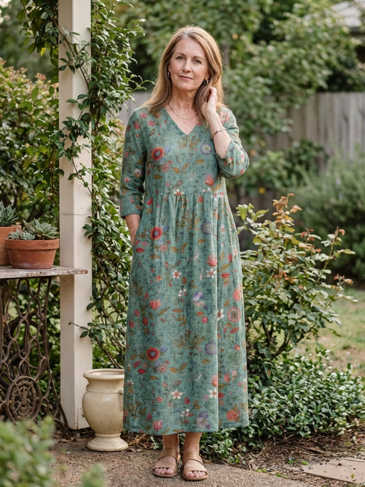 Nynke | Robe longue fleurie à col en V