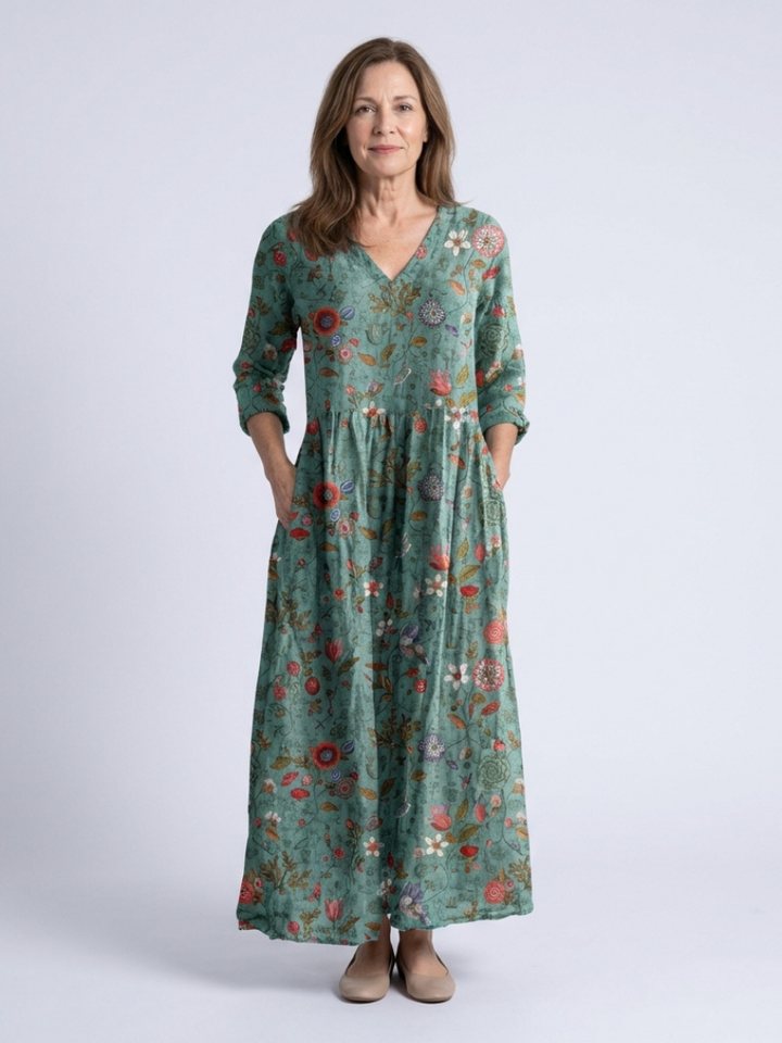 Nynke | Robe longue fleurie à col en V