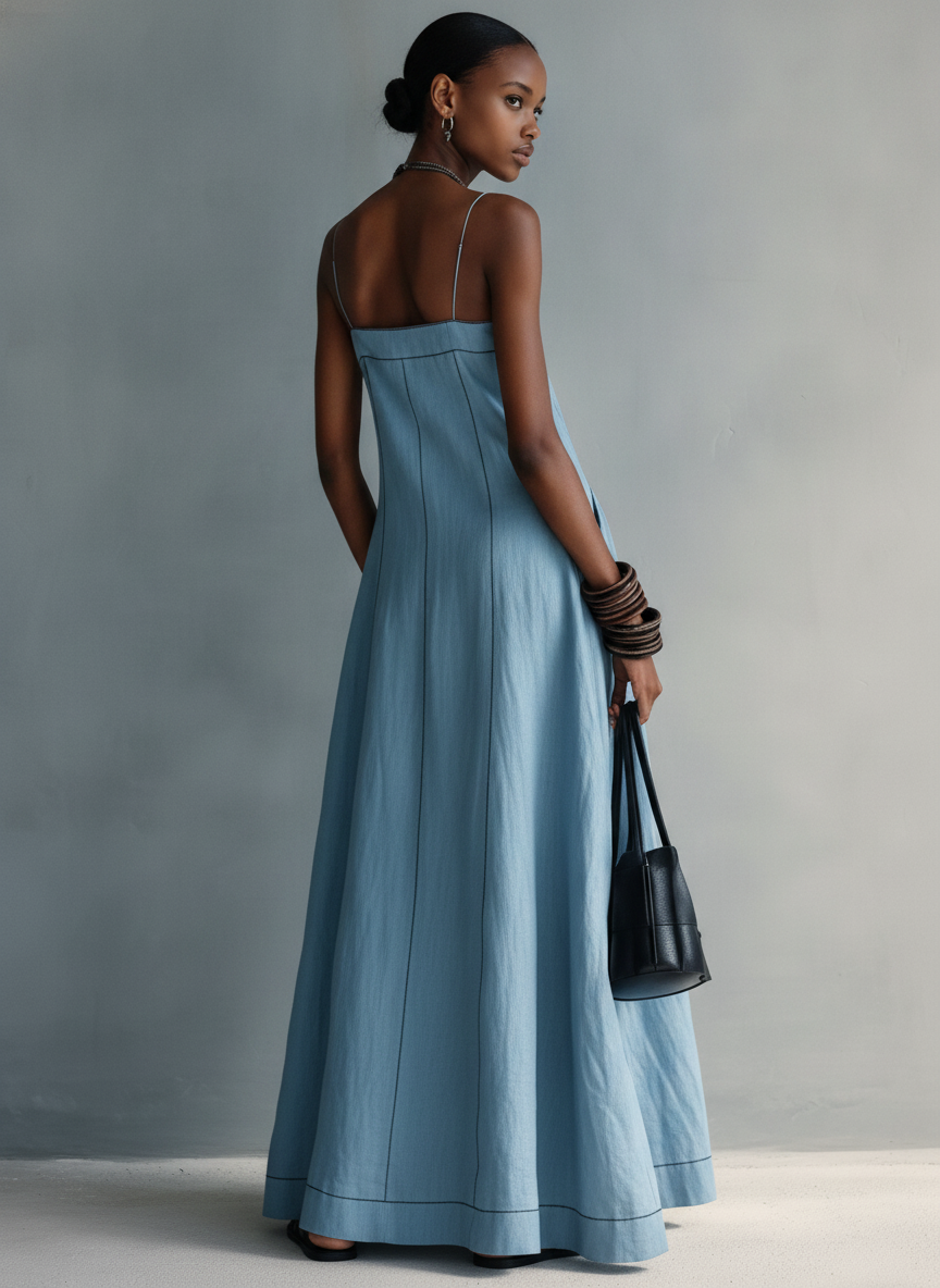 Geertje | Vestido maxi de mistura de linho com pespontos