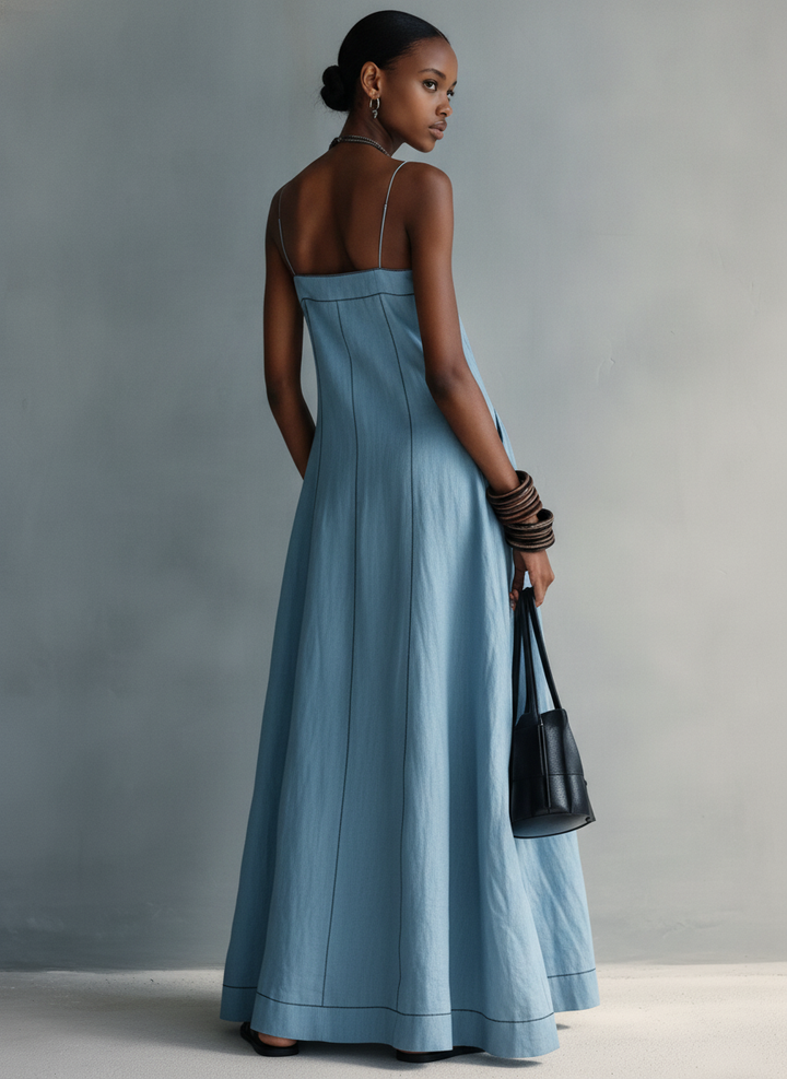 Geertje | Vestido maxi de mistura de linho com pespontos