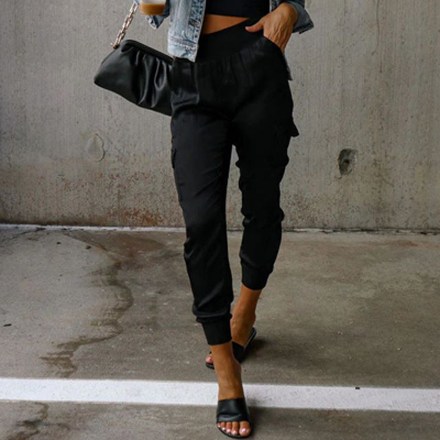 Elske | Satin High-Waisted Cargo Pants