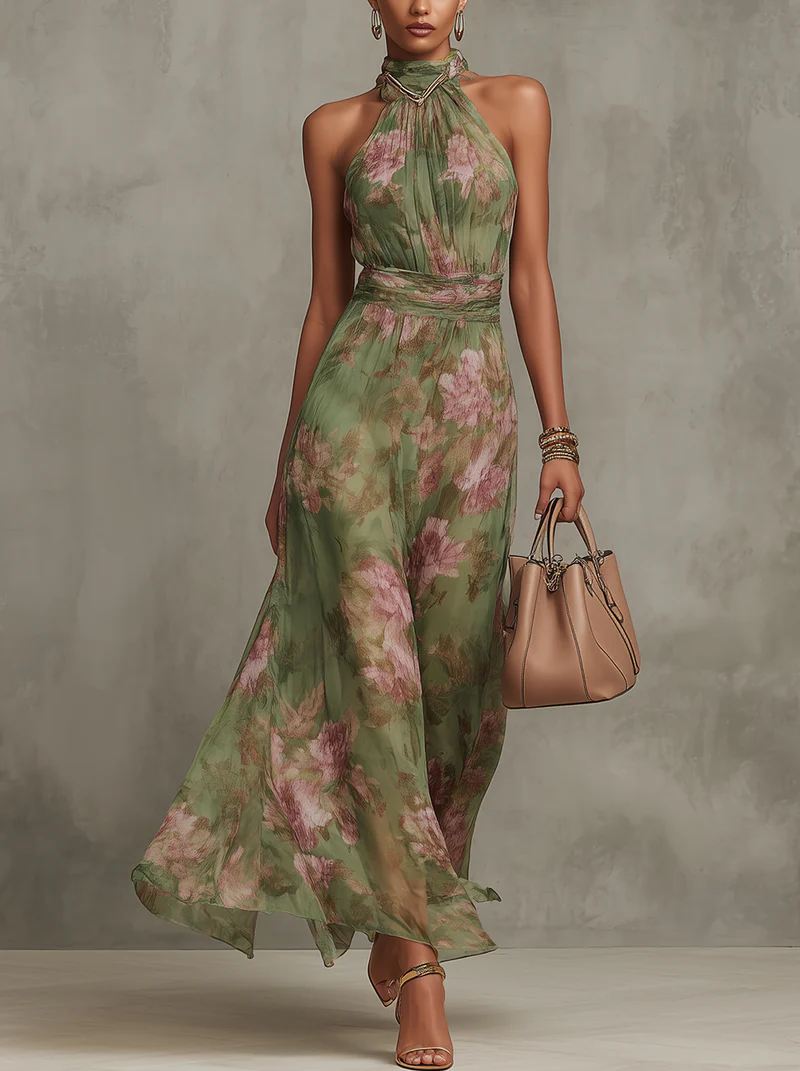 Grietje | Chiffon-Maxikleid mit Neckholder und Blumen