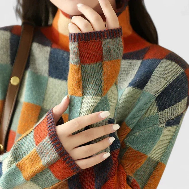 Louise | Gebreide Turtleneck Trui met Ruitpatroon