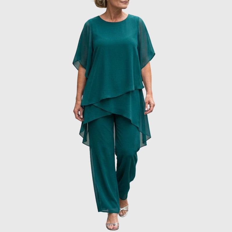 Chiara | Gedrapeerd asymmetrisch topje met wijdpijpbroek