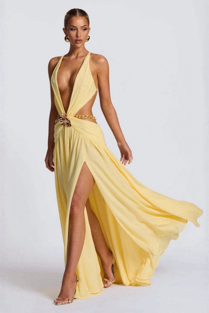 Yara | Vestido maxi drapeado com detalhe metálico