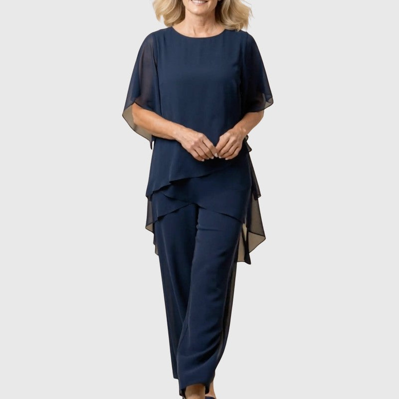 Chiara | Gedrapeerd asymmetrisch topje met wijdpijpbroek