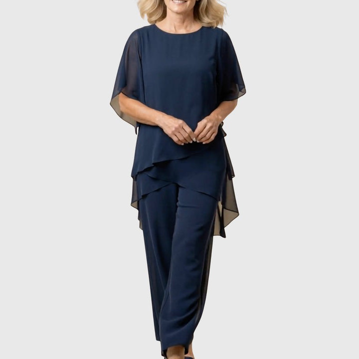 Chiara | Gedrapeerd asymmetrisch topje met wijdpijpbroek