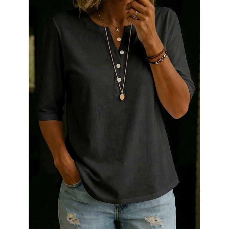 Pauline | Henley-top met 3/4-mouwen en henley-kraag